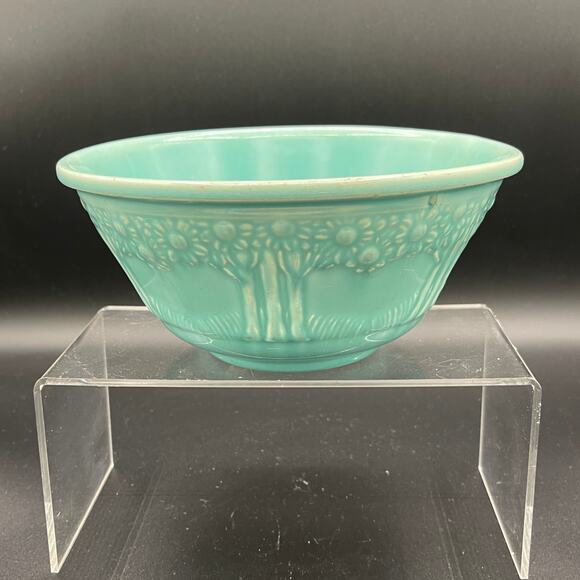 Vintage Homer Laughlin Mixing Bowl Orange / Apple Tree Pottery 8" Aqua Blue - Picture 1 of 7